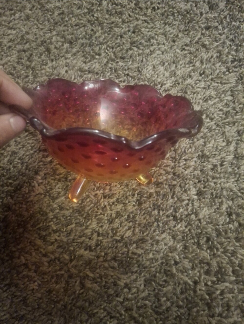 hobnail amberina glass trifooted candy dish